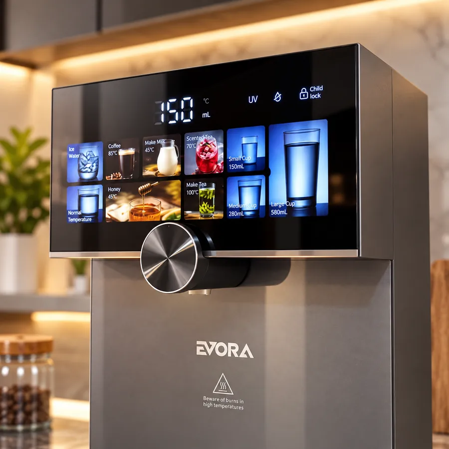 Close-up of the Evora dispenser touchscreen and circular selector